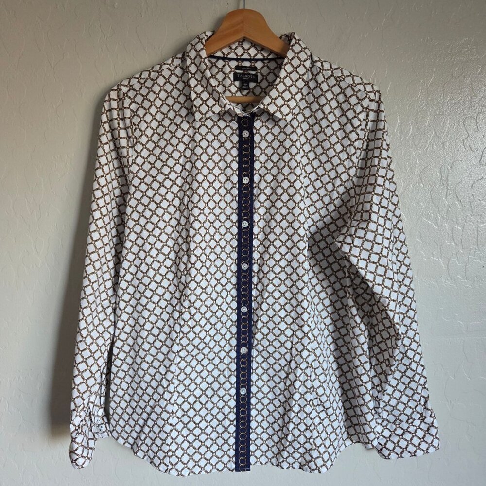 Talbots Non Iron Chain Link Button Top Long Sleeves White/Gold 16 Petite Preppy